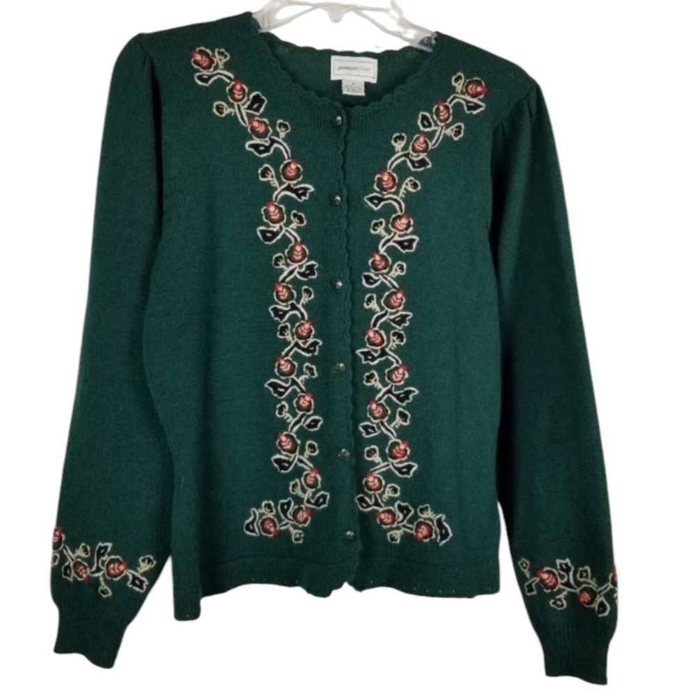 Vintage Womens Wool Cardigan Sweater Size Medium Office Siren Green Embroidered